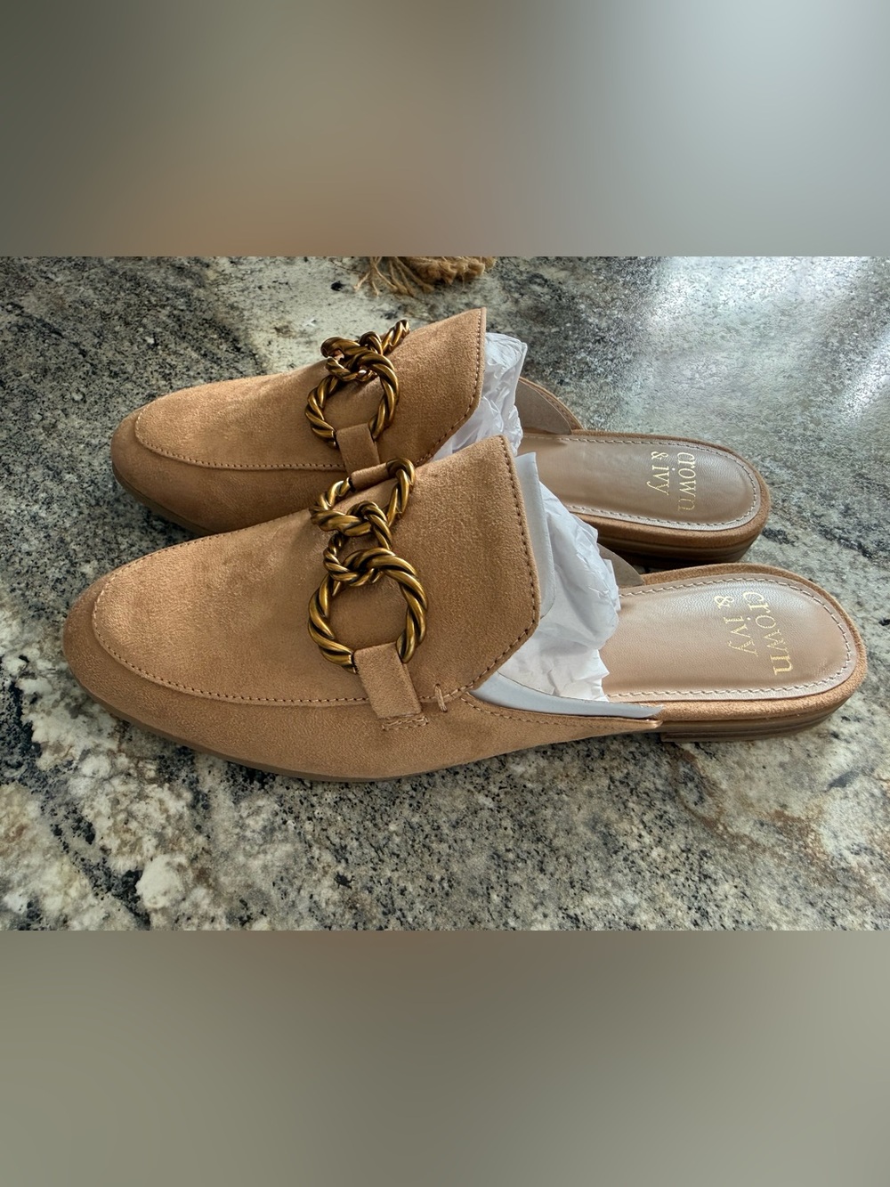 Crown & Ivy tan suede mules with braided gold ring detail
